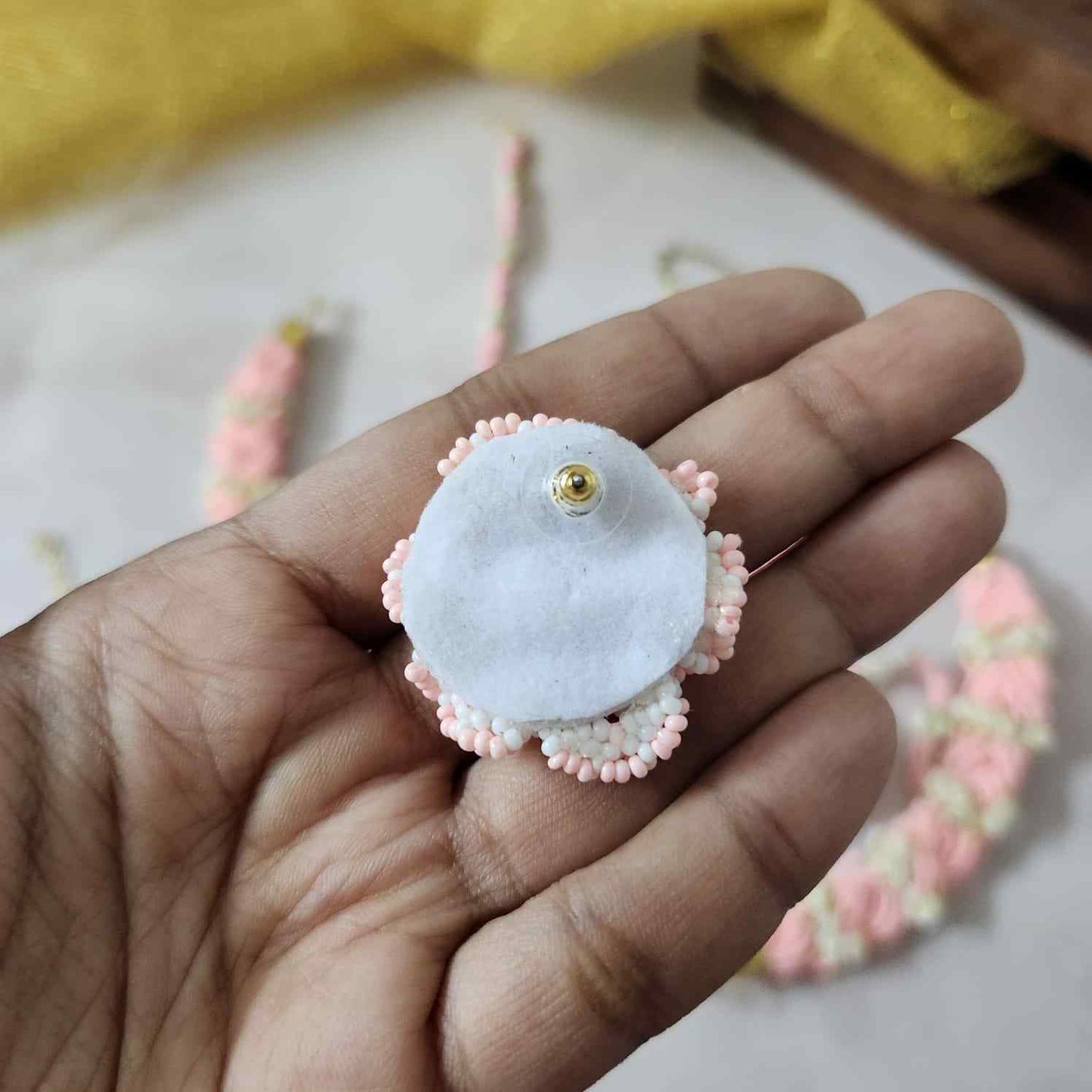 bridal jewellery floral necklace stud earrings haathphool maang tikka haldi necklace set wedding jewellery pink jewellery for haldi mehendi sangeet shaadi 