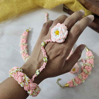 bridal jewellery floral necklace stud earrings haathphool maang tikka haldi necklace set wedding jewellery pink jewellery for haldi mehendi sangeet shaadi 