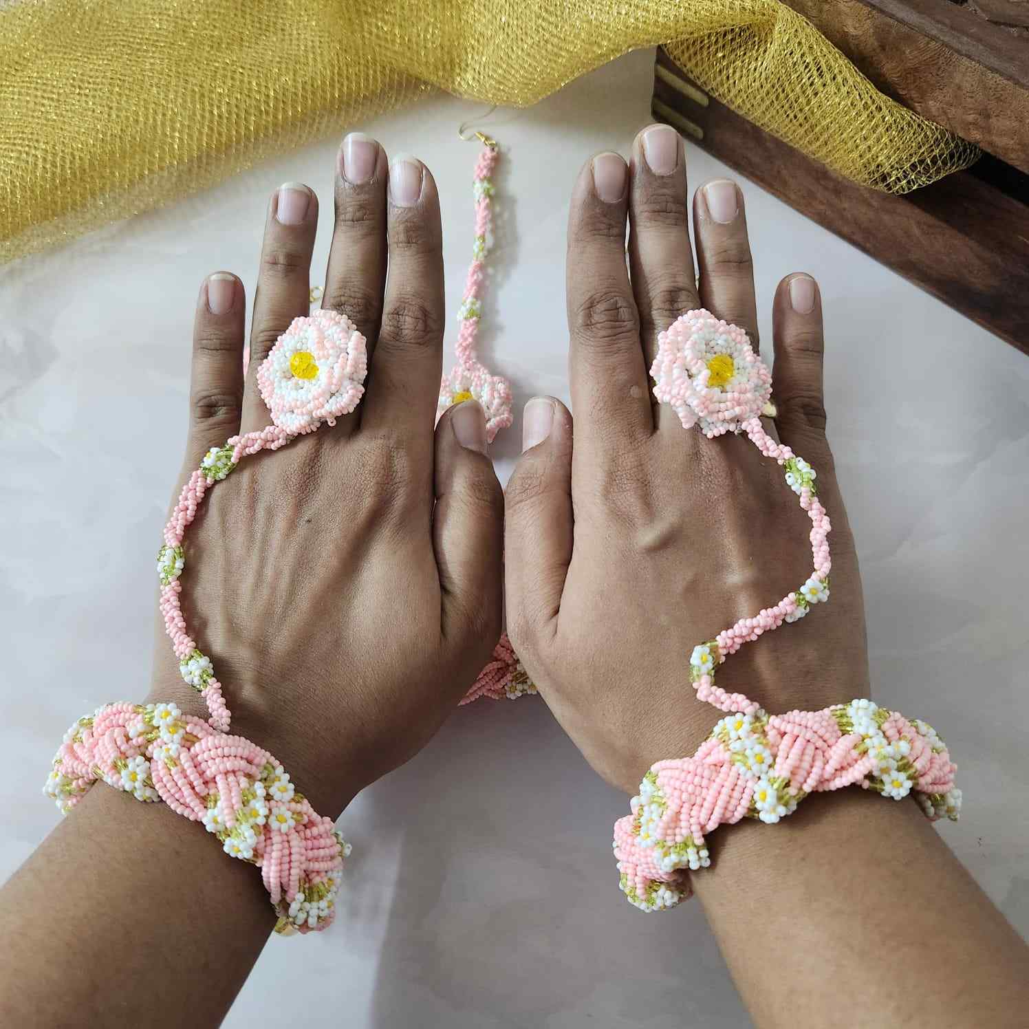 bridal jewellery floral necklace stud earrings haathphool maang tikka haldi necklace set wedding jewellery pink jewellery for haldi mehendi sangeet shaadi 