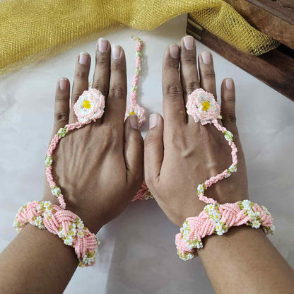 bridal jewellery floral necklace stud earrings haathphool maang tikka haldi necklace set wedding jewellery pink jewellery for haldi mehendi sangeet shaadi 