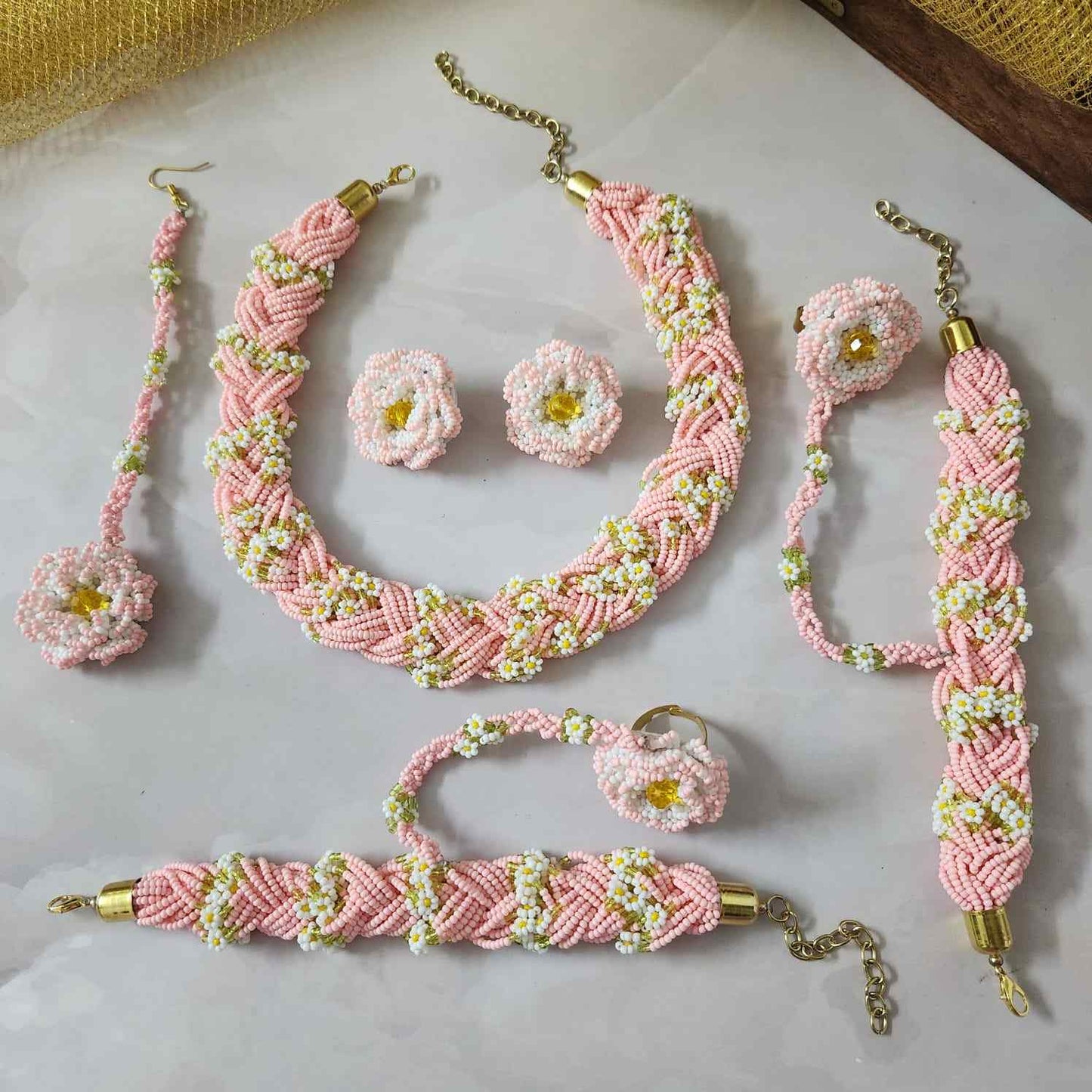 bridal jewellery floral necklace stud earrings haathphool maang tikka haldi necklace set wedding jewellery pink jewellery for haldi mehendi sangeet shaadi 