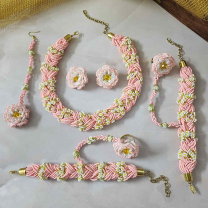 bridal jewellery floral necklace stud earrings haathphool maang tikka haldi necklace set wedding jewellery pink jewellery for haldi mehendi sangeet shaadi 
