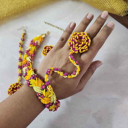 bridal jewellery floral necklace stud earrings haathphool maang tikka haldi necklace set wedding jewellery pink yellow jewellery for haldi mehendi sangeet shaadi 