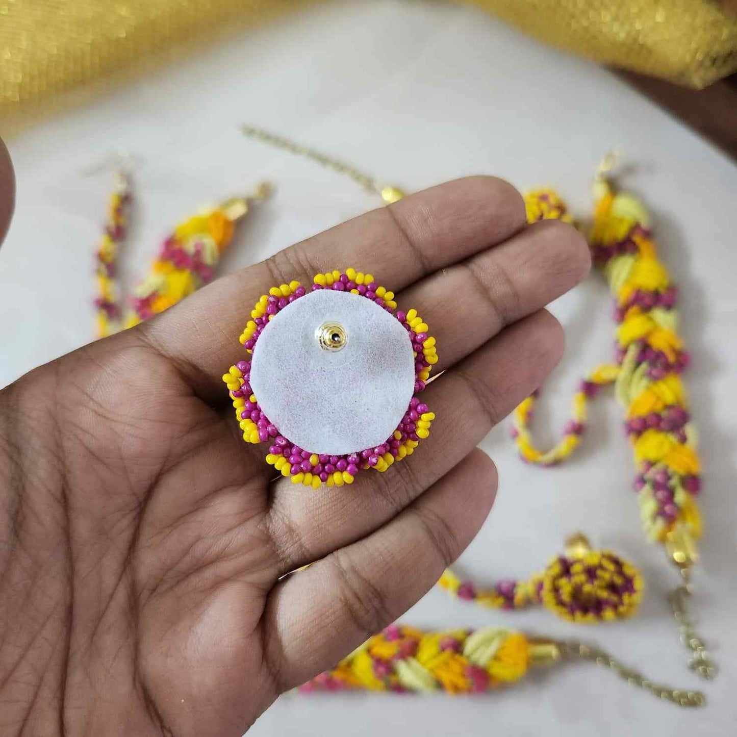 bridal jewellery floral necklace stud earrings haathphool maang tikka haldi necklace set wedding jewellery pink yellow jewellery for haldi mehendi sangeet shaadi 