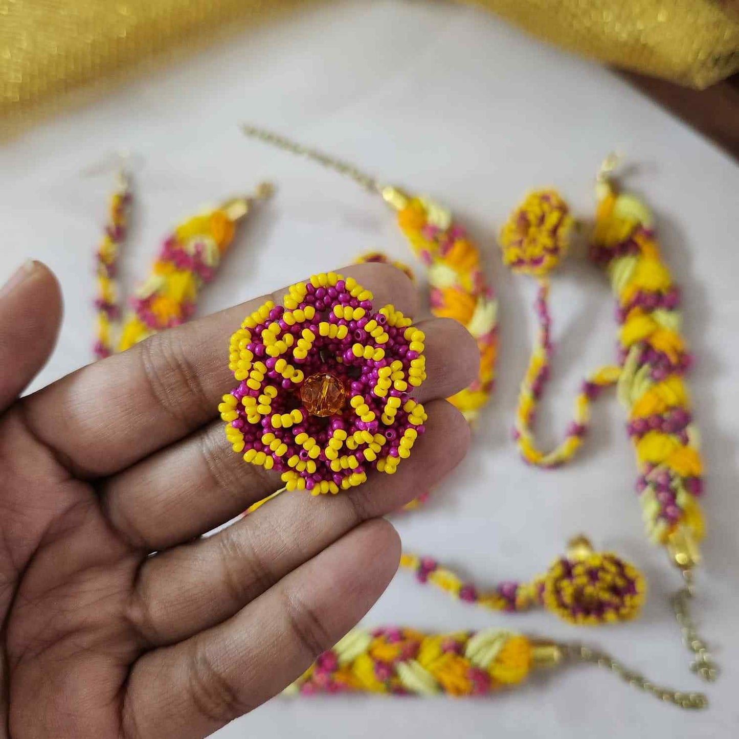 bridal jewellery floral necklace stud earrings haathphool maang tikka haldi necklace set wedding jewellery pink yellow jewellery for haldi mehendi sangeet shaadi 