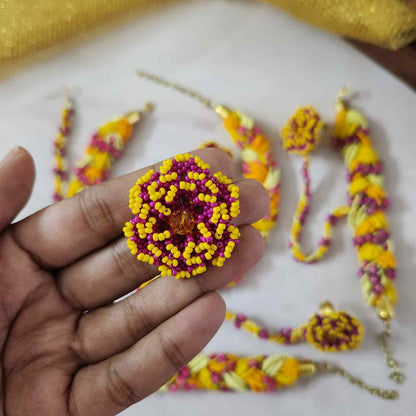 bridal jewellery floral necklace stud earrings haathphool maang tikka haldi necklace set wedding jewellery pink yellow jewellery for haldi mehendi sangeet shaadi 