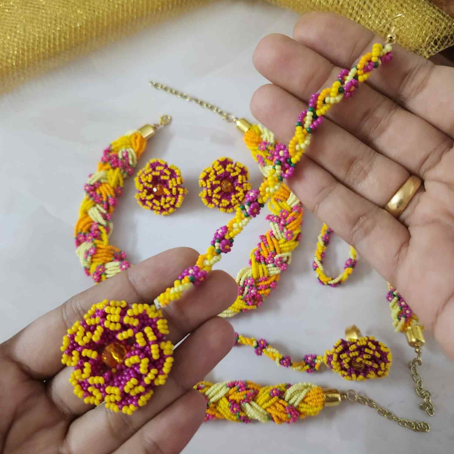 bridal jewellery floral necklace stud earrings haathphool maang tikka haldi necklace set wedding jewellery pink yellow jewellery for haldi mehendi sangeet shaadi 