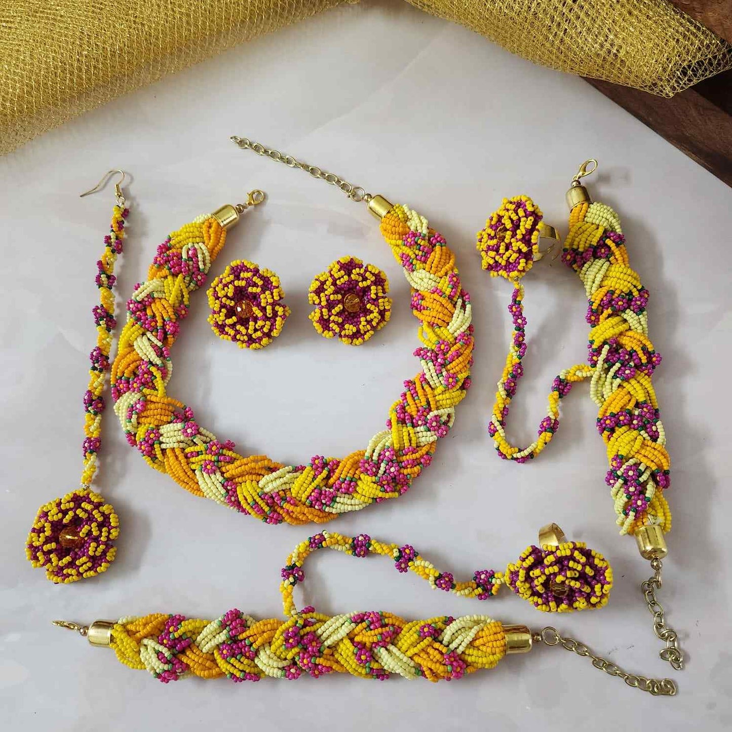 bridal jewellery floral necklace stud earrings haathphool maang tikka haldi necklace set wedding jewellery pink yellow jewellery for haldi mehendi sangeet shaadi 