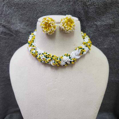 bridal jewellery floral necklace stud earrings haathphool maang tikka haldi necklace set wedding jewellery white yellow jewellery for haldi mehendi sangeet shaadi 