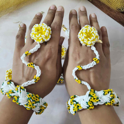 bridal jewellery floral necklace stud earrings haathphool maang tikka haldi necklace set wedding jewellery white yellow jewellery for haldi mehendi sangeet shaadi 