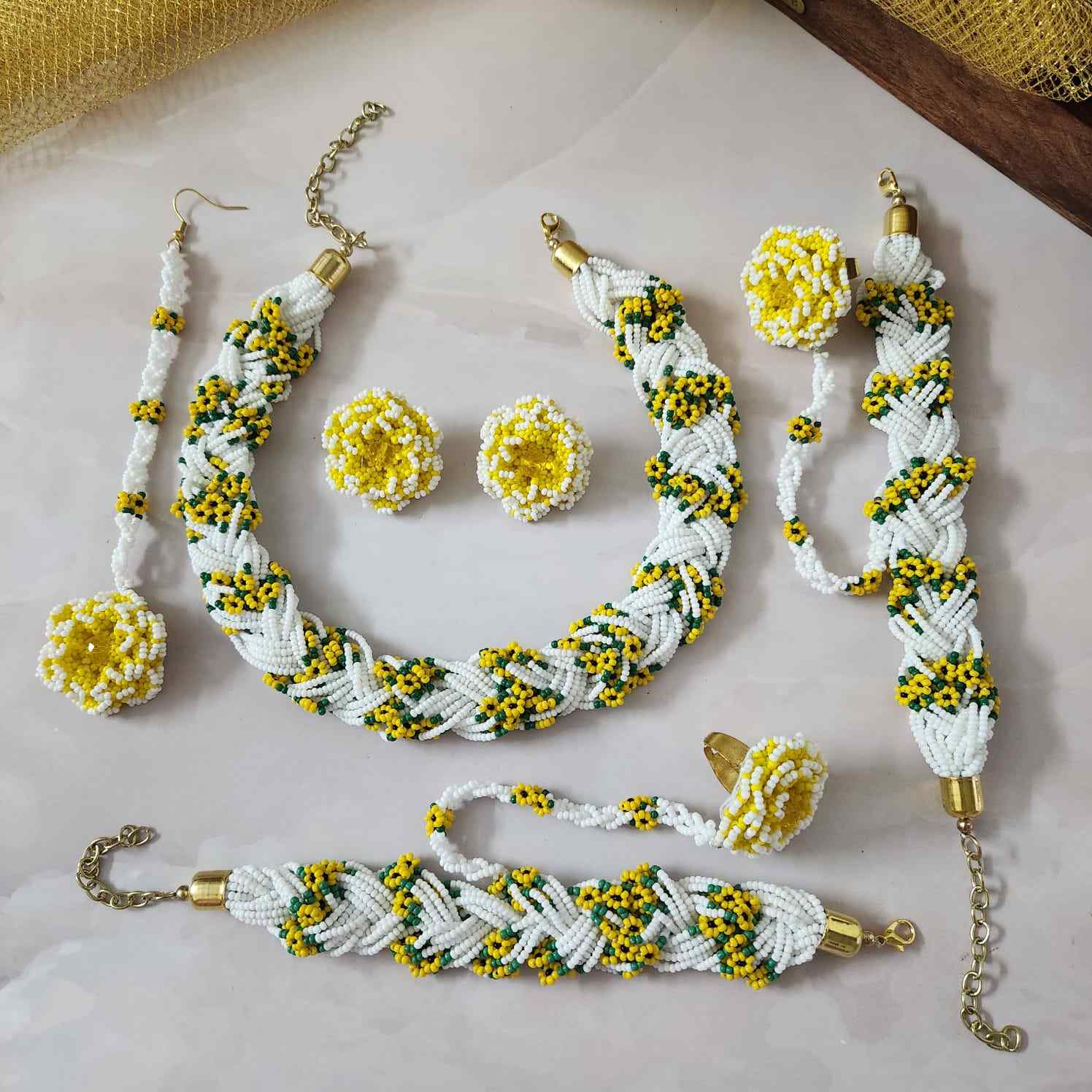 bridal jewellery floral necklace stud earrings haathphool maang tikka haldi necklace set wedding jewellery white yellow jewellery for haldi mehendi sangeet shaadi 
