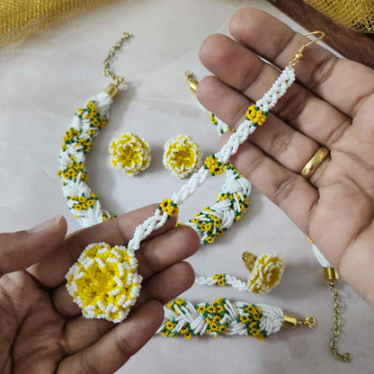 bridal jewellery floral necklace stud earrings haathphool maang tikka haldi necklace set wedding jewellery white yellow jewellery for haldi mehendi sangeet shaadi 