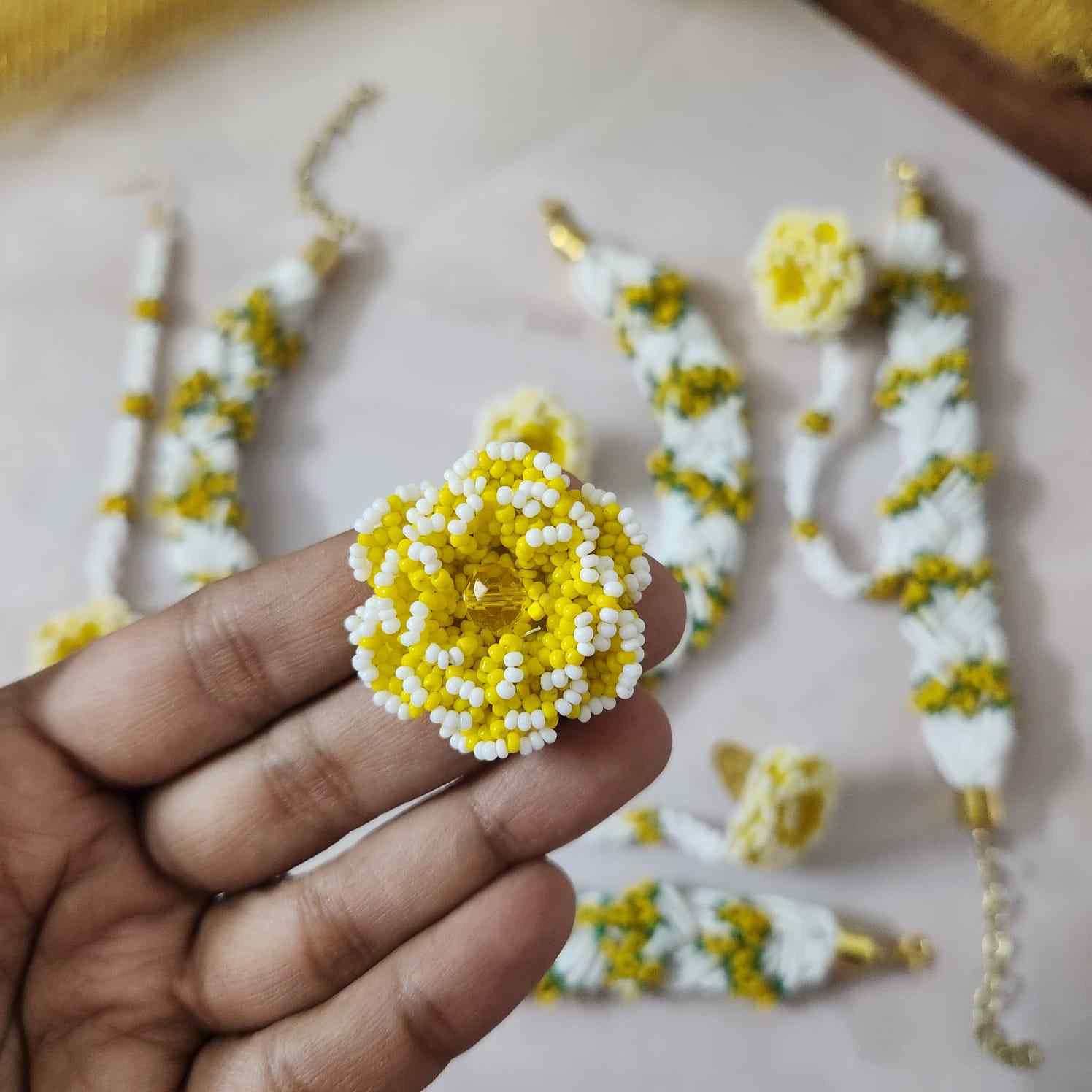 bridal jewellery floral necklace stud earrings haathphool maang tikka haldi necklace set wedding jewellery white yellow jewellery for haldi mehendi sangeet shaadi 