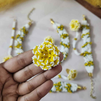 bridal jewellery floral necklace stud earrings haathphool maang tikka haldi necklace set wedding jewellery white yellow jewellery for haldi mehendi sangeet shaadi 