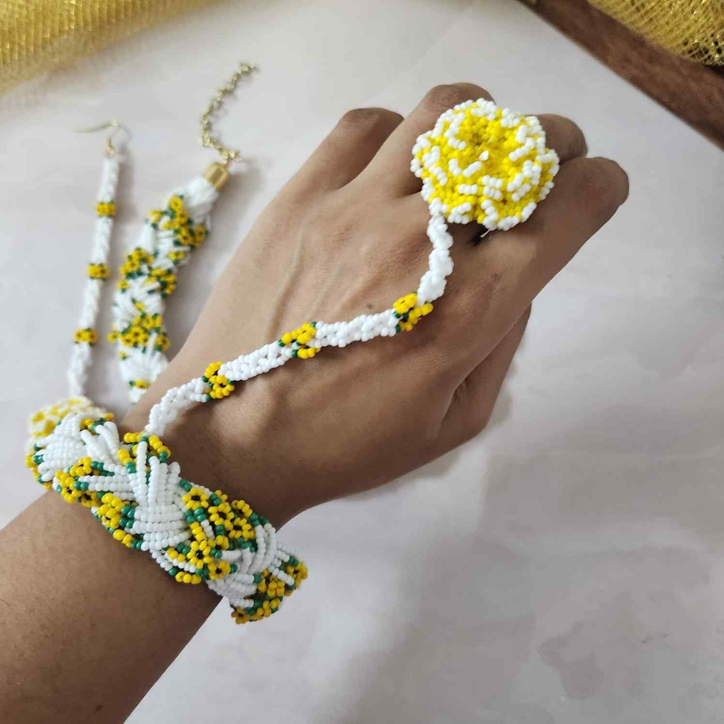 bridal jewellery floral necklace stud earrings haathphool maang tikka haldi necklace set wedding jewellery white yellow jewellery for haldi mehendi sangeet shaadi 