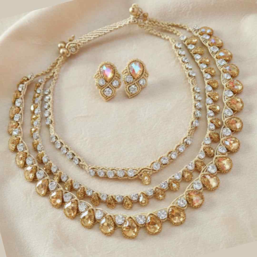 Handcrafted macramé necklace worn as single, double, and triple-layer styles, versatile festive jewellery for weddings parties sangeet reception engagement