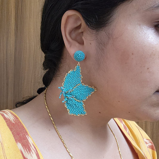 floral earrings for party wear earrings in blue green gold seed beads earrings stud danglers large earrings for saree lehenga wedding sangeet mehendi reception party earrings