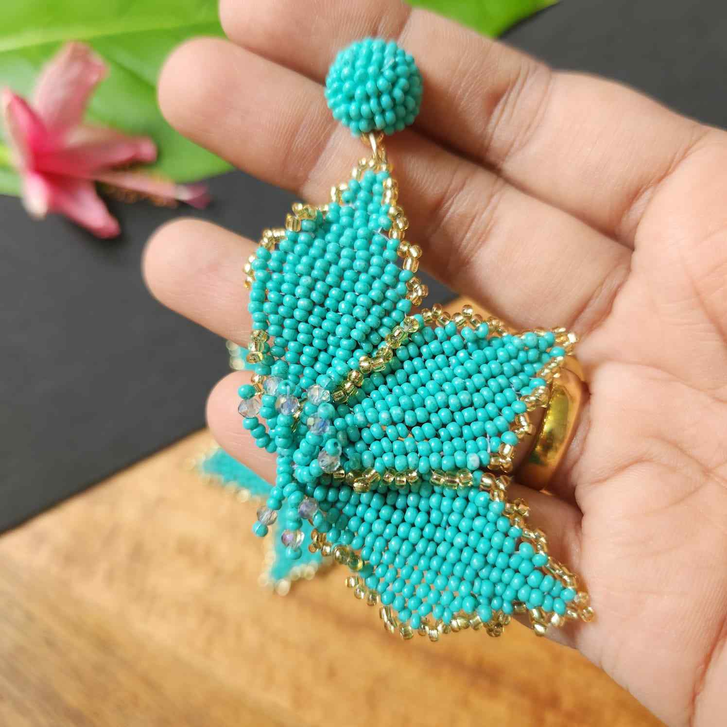 floral earrings for party wear earrings in blue green gold seed beads earrings stud danglers large earrings for saree lehenga wedding sangeet mehendi reception party earrings