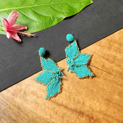 floral earrings for party wear earrings in blue green gold seed beads earrings stud danglers large earrings for saree lehenga wedding sangeet mehendi reception party earrings