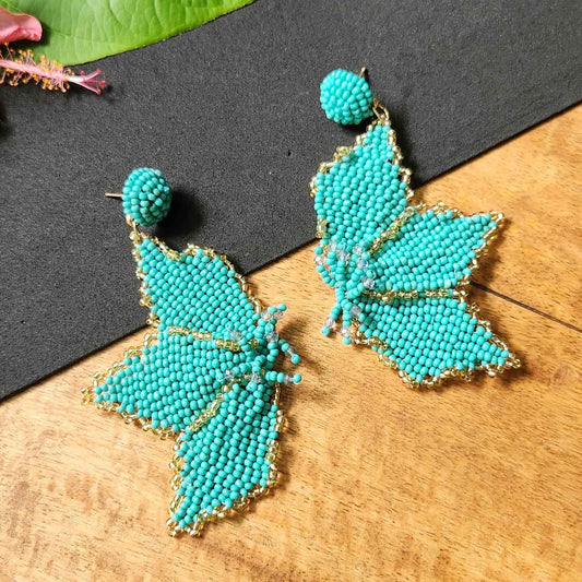 floral earrings for party wear earrings in blue green gold seed beads earrings stud danglers large earrings for saree lehenga wedding sangeet mehendi reception party earrings