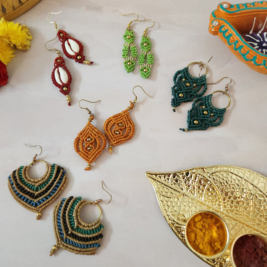 festive earrings bundle multi coloured earrings macrame earrings bundle for gifting navaratri return gift ideas affordable gift bundle offers diwali gifts budget