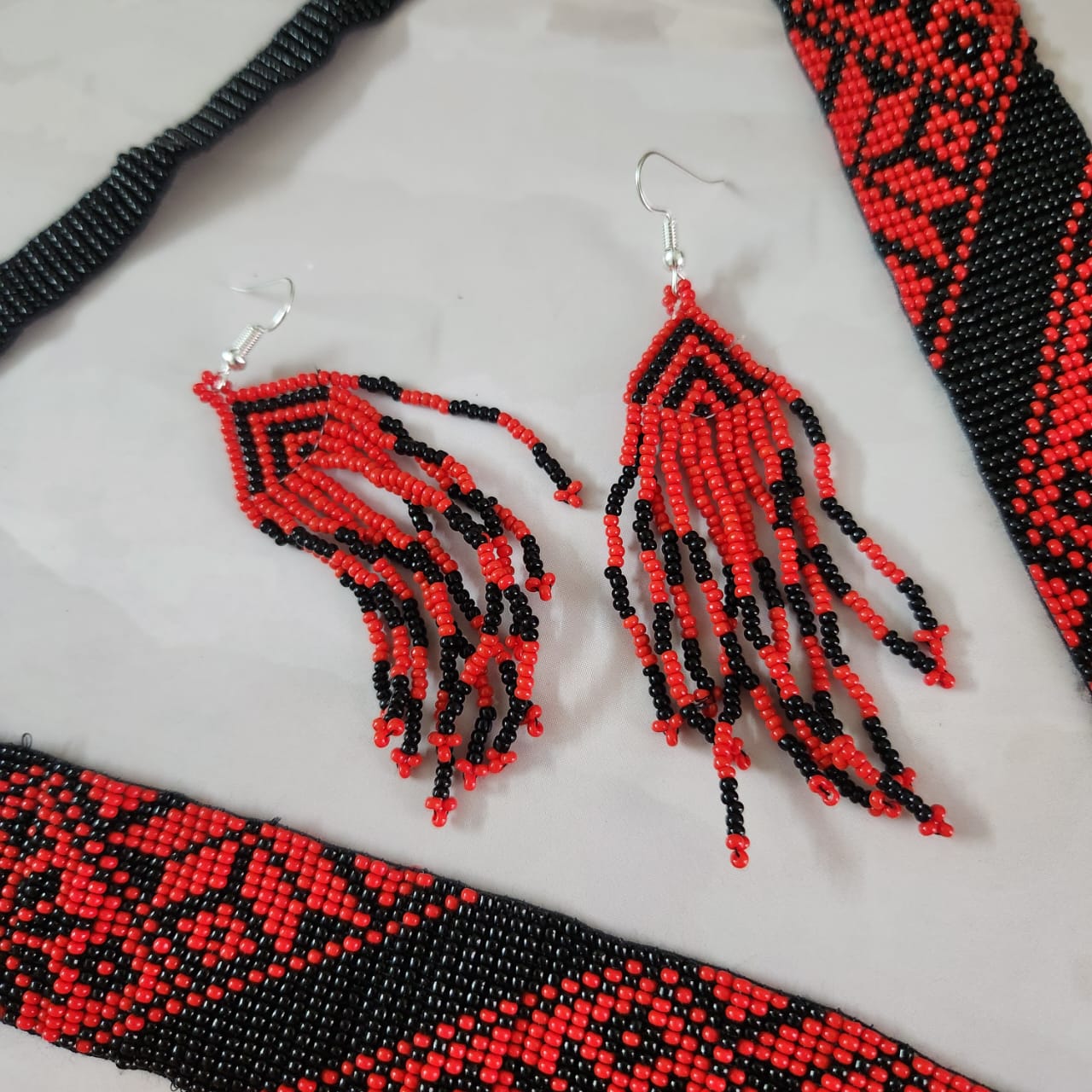 red black bead necklace geometric design jewellery dangler earrings partywear necklace set for office and  daily wear 