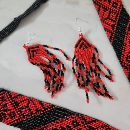 red black bead necklace geometric design jewellery dangler earrings partywear necklace set for office and  daily wear 