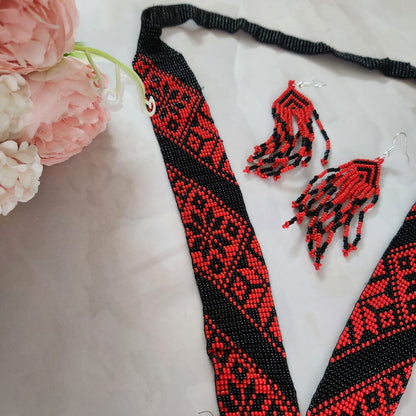 red black bead necklace geometric design jewellery dangler earrings partywear necklace set for office and  daily wear 