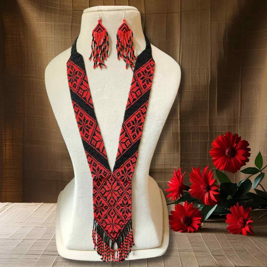 red black bead necklace geometric design jewellery dangler earrings partywear necklace set for office and  daily wear 