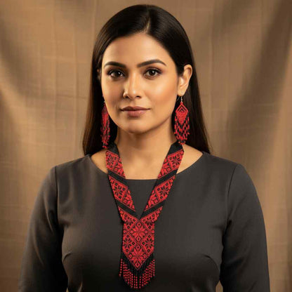red black bead necklace geometric design jewellery dangler earrings partywear necklace set for office and  daily wear 