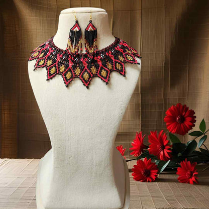 bib necklace bead jewellery diamond pattern black broad necklace choker bead necklace set dangler earrings party wear wedding wear grand necklace set jewellery