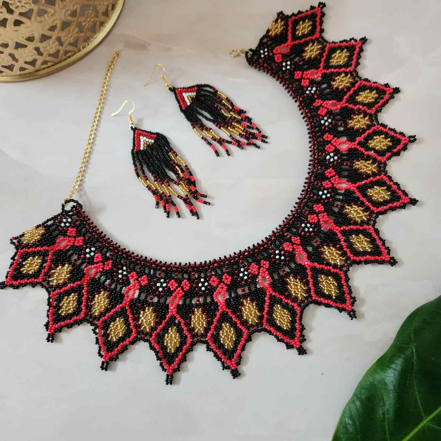 bib necklace bead jewellery diamond pattern black broad necklace choker bead necklace set dangler earrings party wear wedding wear grand necklace set jewellery
