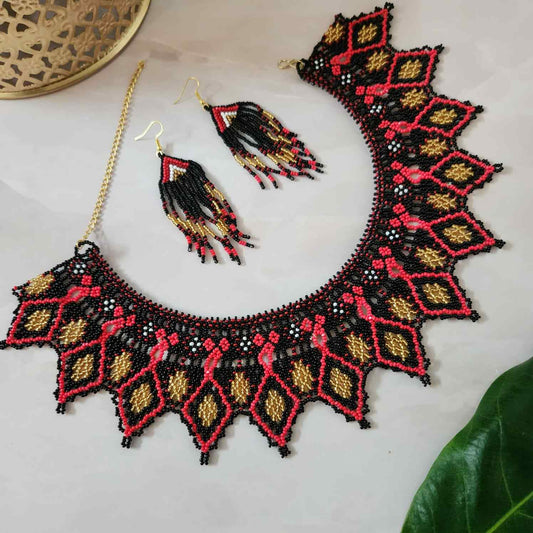 bib necklace bead jewellery diamond pattern black broad necklace choker bead necklace set dangler earrings party wear wedding wear grand necklace set jewellery
