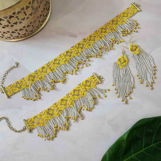 diamond design yellow necklace bead choker haldi sangeet mehndi necklace set wedding jewellery 