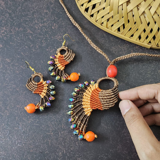 Hamsa orange macrame necklace set