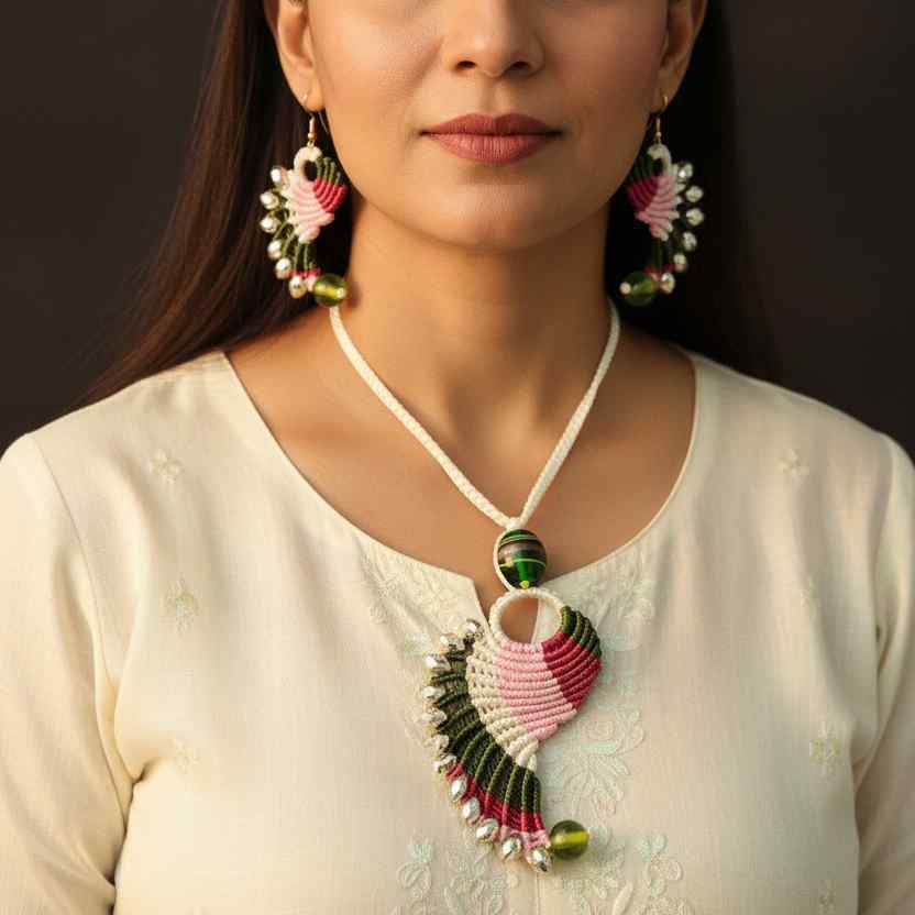 Hamsa pink macrame necklace set