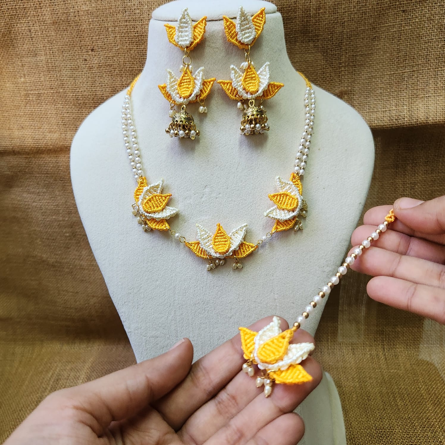 floral jewellery for sangeet lotus necklace set yellow jewellery pearl necklace jhumka earrings maang tikka for wedding party wear necklace set macrame