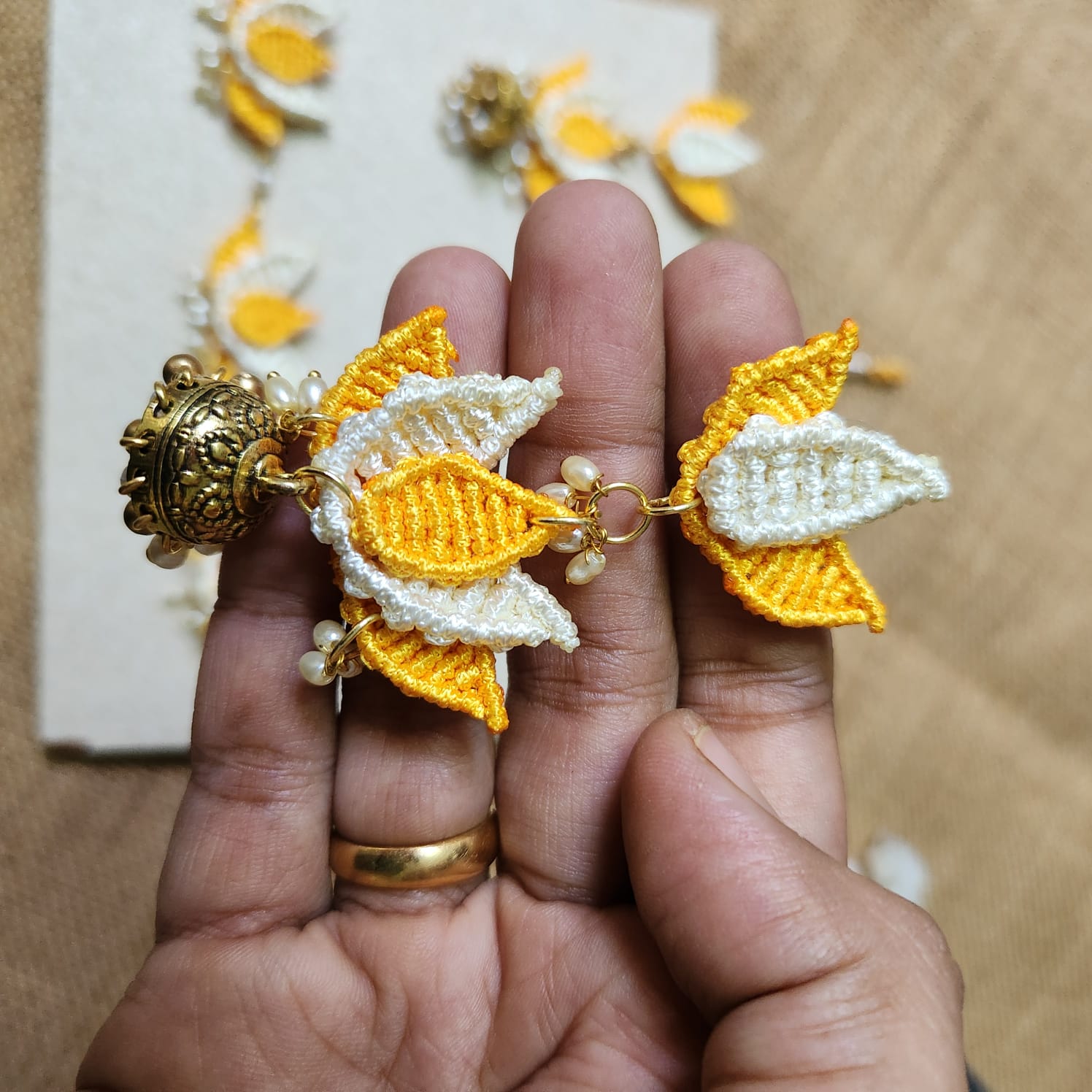 floral jewellery for sangeet lotus necklace set yellow jewellery pearl necklace jhumka earrings maang tikka for wedding party wear necklace set macrame