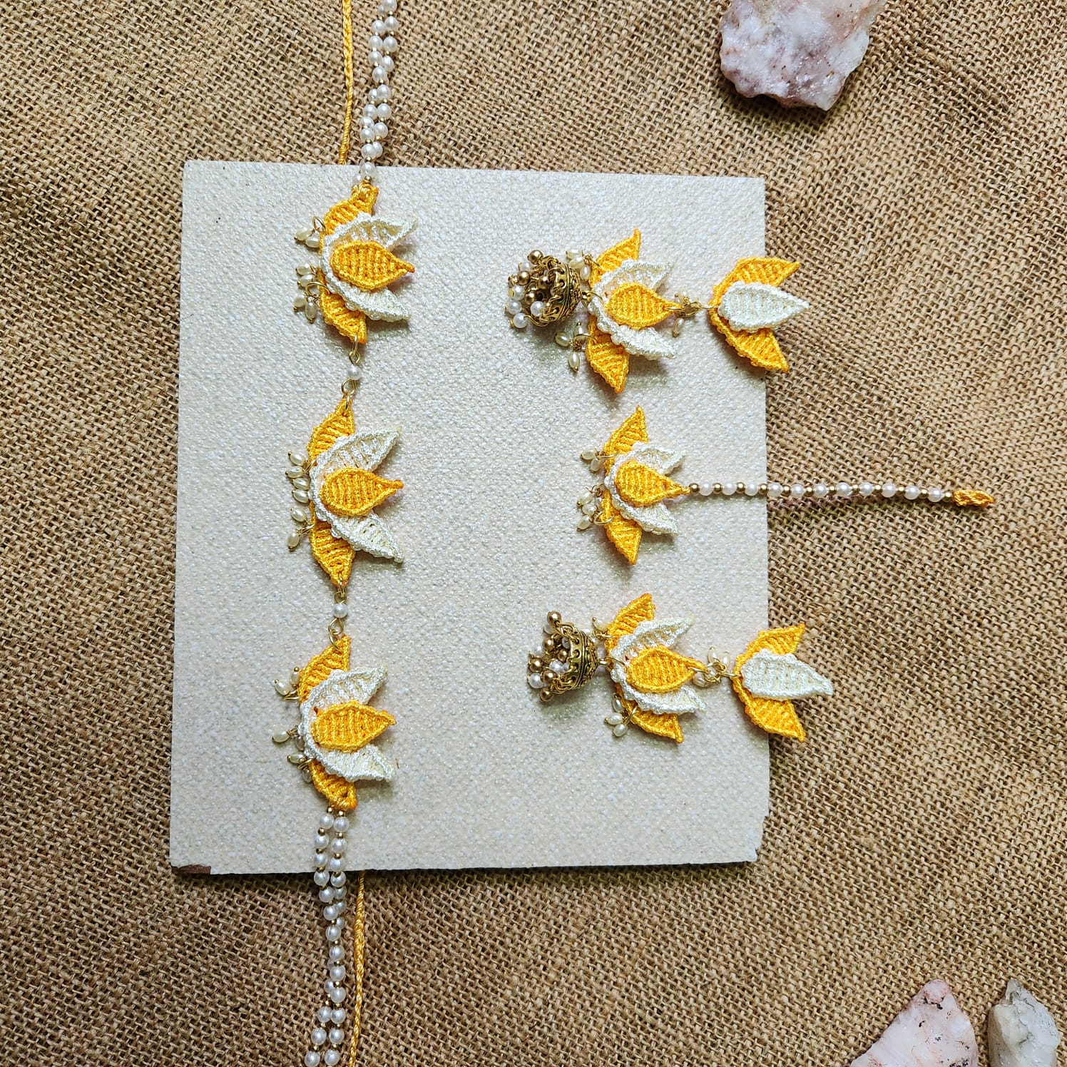 floral jewellery for sangeet lotus necklace set yellow jewellery pearl necklace jhumka earrings maang tikka for wedding party wear necklace set macrame