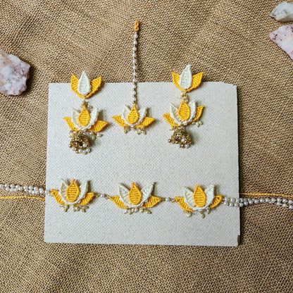 floral jewellery for sangeet lotus necklace set yellow jewellery pearl necklace jhumka earrings maang tikka for wedding party wear necklace set macrame
