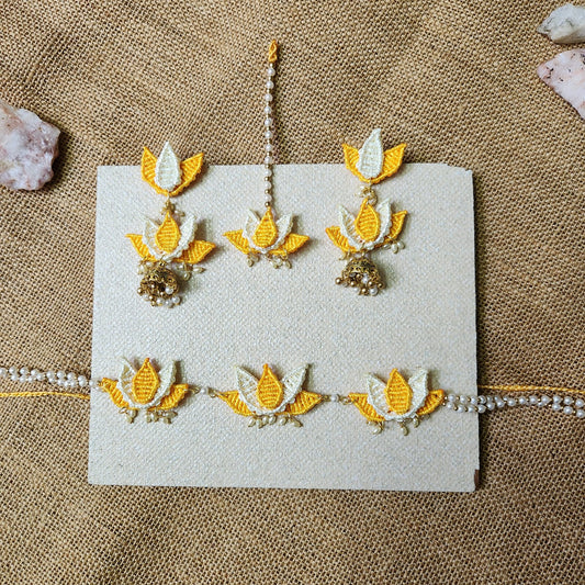 floral jewellery for sangeet lotus necklace set yellow jewellery pearl necklace jhumka earrings maang tikka for wedding party wear necklace set macrame
