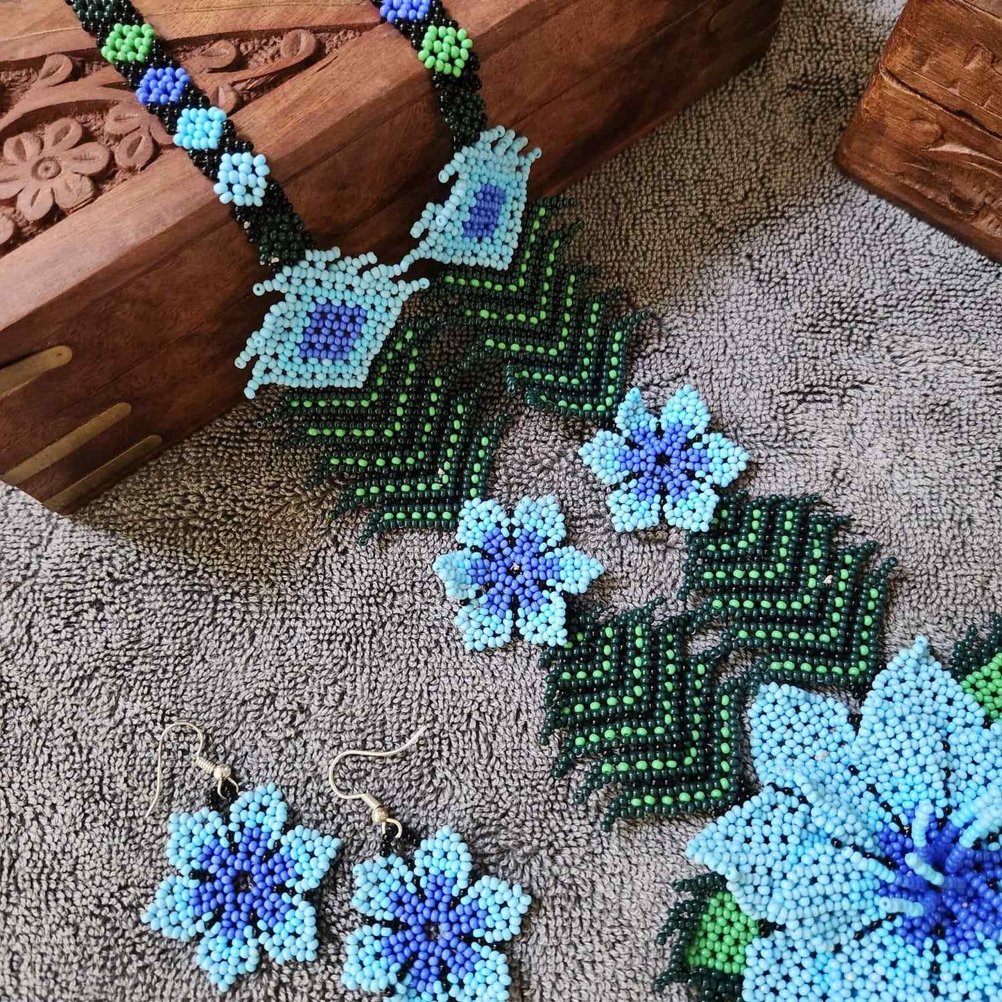 bead necklace flower necklace 3D necklace leaf green leaves haldi necklace set flower earrings blue necklace