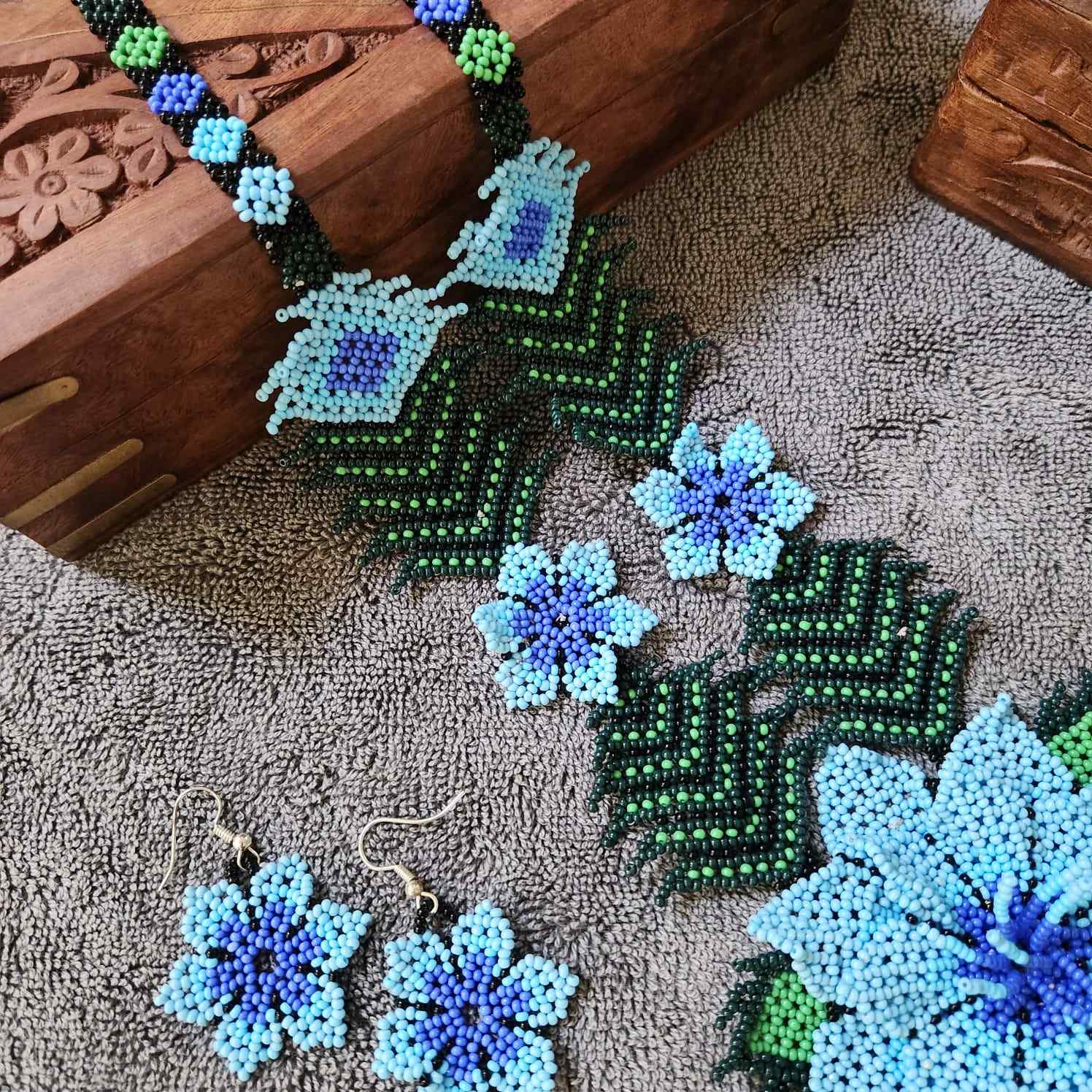 bead necklace flower necklace 3D necklace leaf green leaves haldi necklace set flower earrings blue necklace
