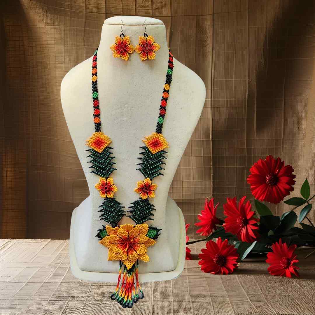 bead necklace flower necklace 3D necklace leaf green leaves haldi necklace set flower earrings yellow necklace