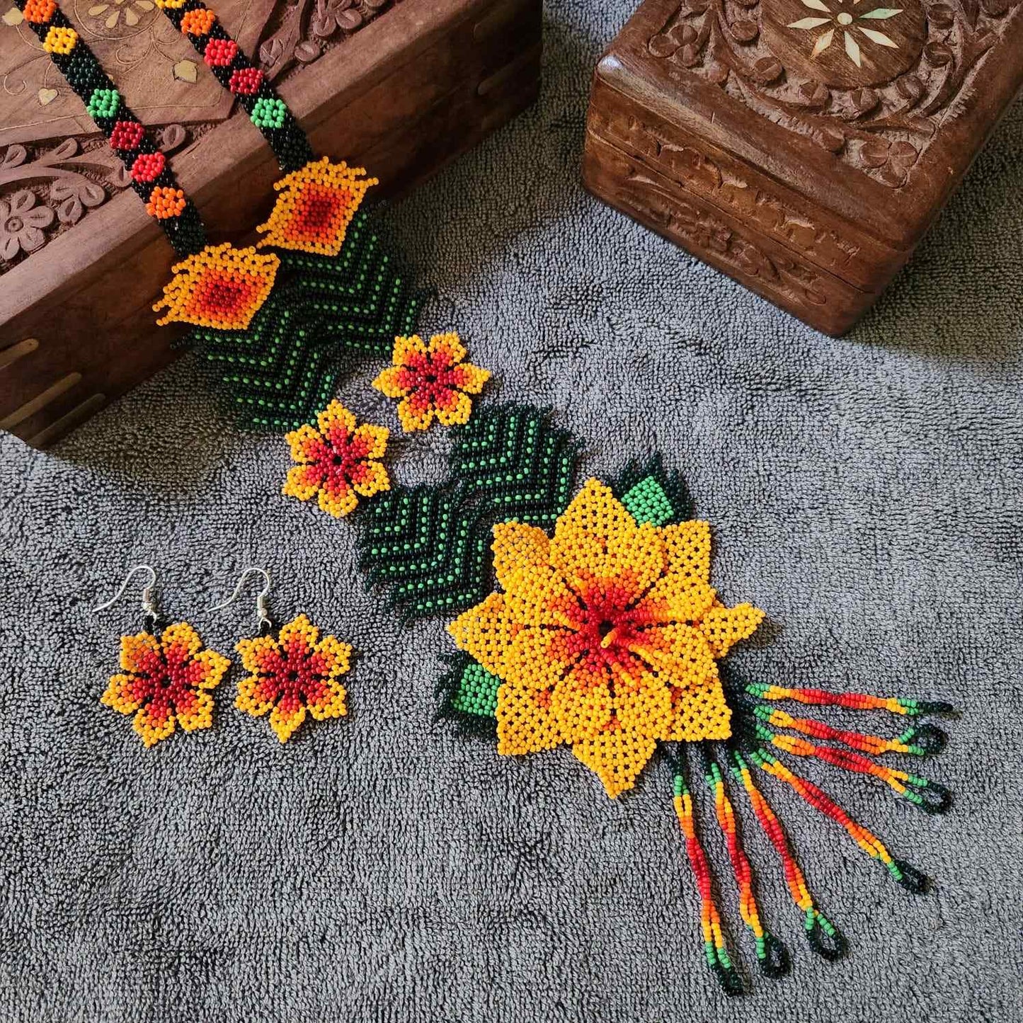 bead necklace flower necklace 3D necklace leaf green leaves haldi necklace set flower earrings yellow necklace