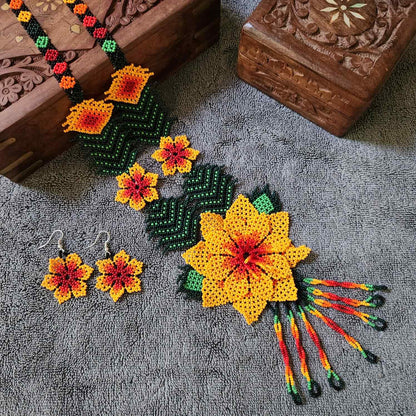bead necklace flower necklace 3D necklace leaf green leaves haldi necklace set flower earrings yellow necklace