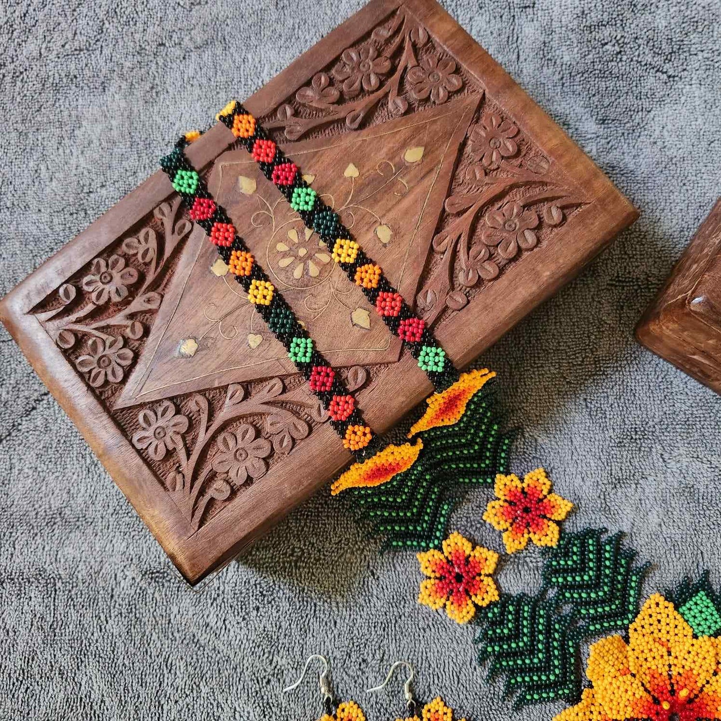 bead necklace flower necklace 3D necklace leaf green leaves haldi necklace set flower earrings yellow necklace