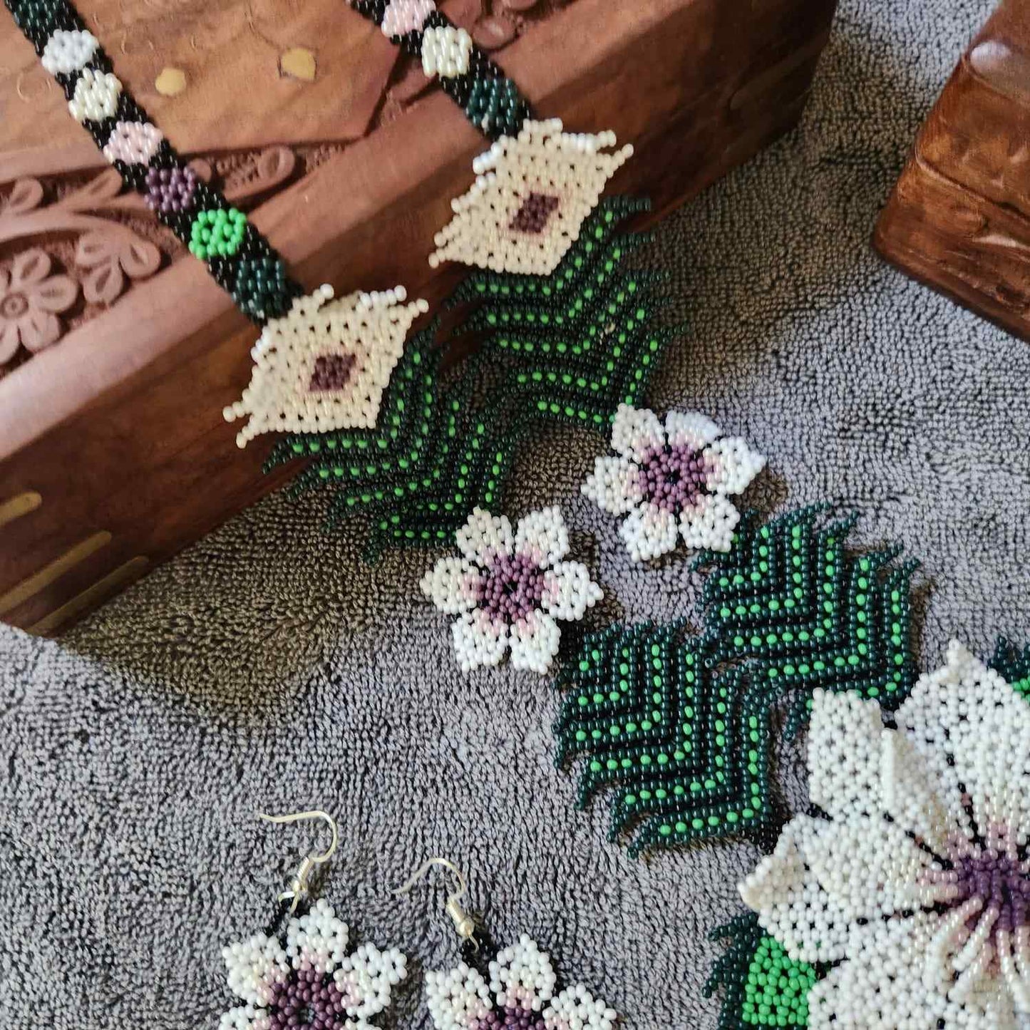 bead necklace flower necklace 3D necklace leaf green leaves haldi necklace set flower earrings white necklace
