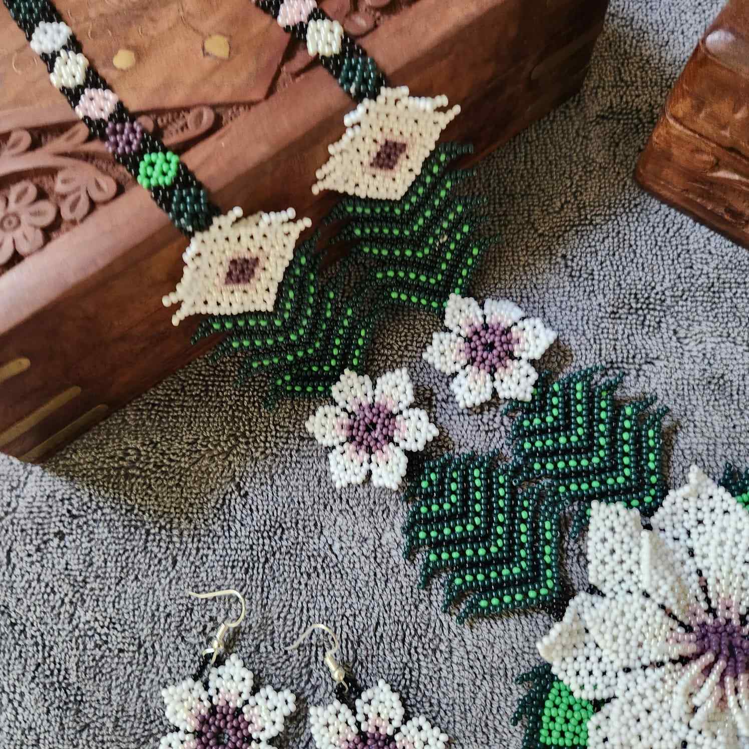 bead necklace flower necklace 3D necklace leaf green leaves haldi necklace set flower earrings white necklace