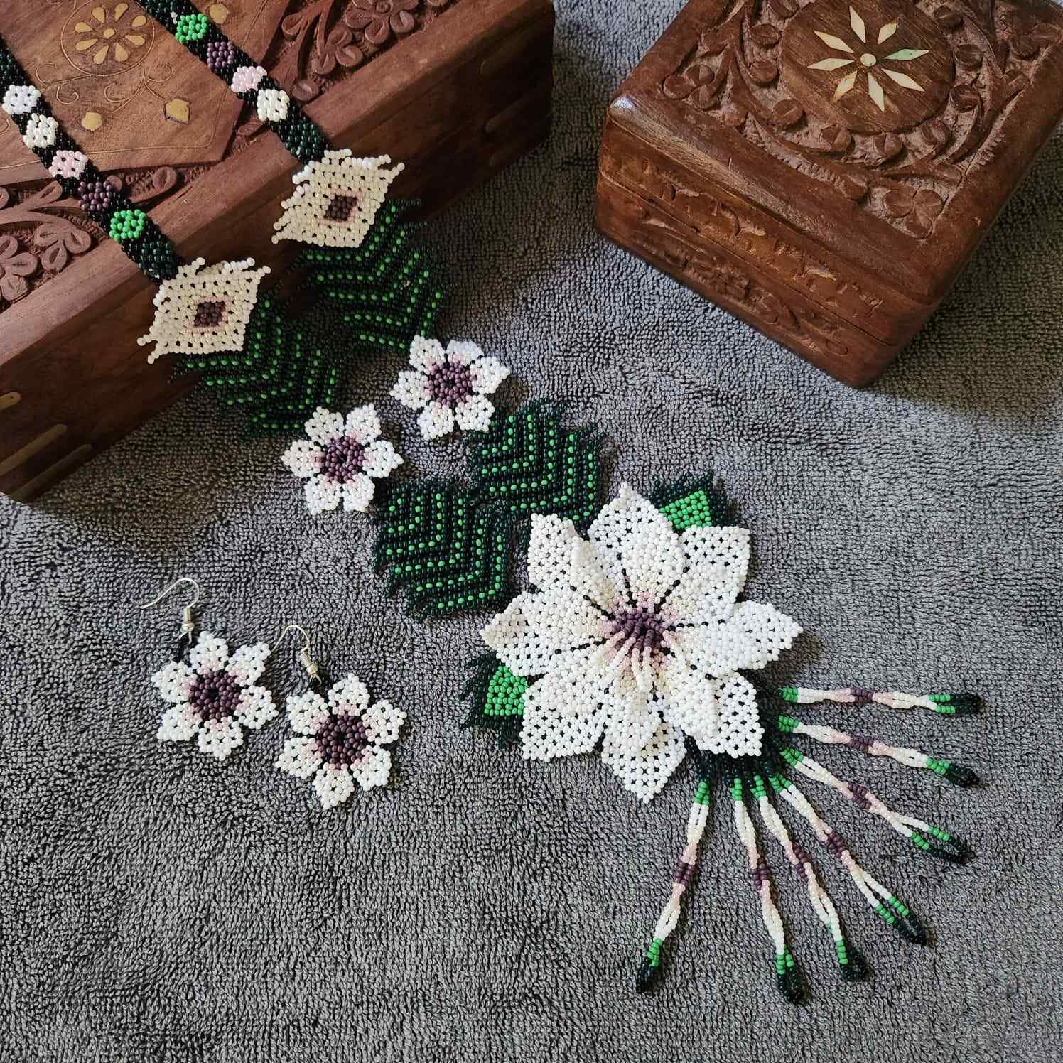 bead necklace flower necklace 3D necklace leaf green leaves haldi necklace set flower earrings white necklace